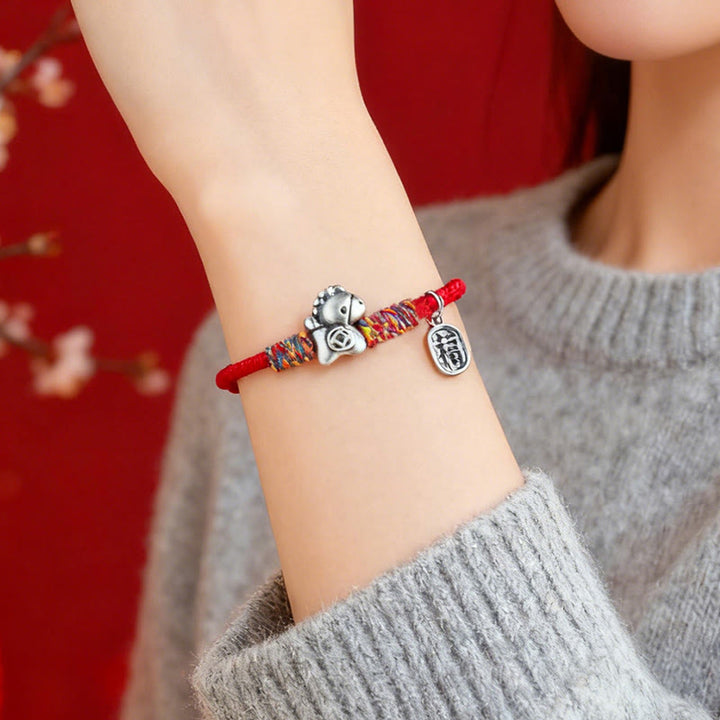 Braccialetto portafortuna con corda e corda in argento sterling 999 Buddha Stones e carattere Fu dell'anno del cavallo - image 12