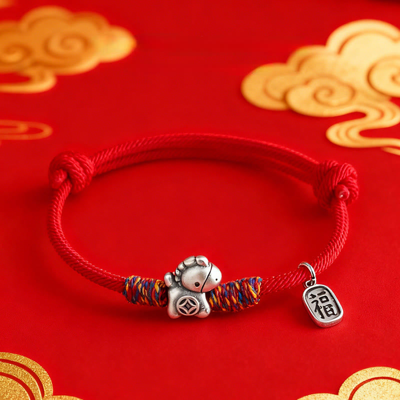 Braccialetto portafortuna con corda e corda in argento sterling 999 Buddha Stones e carattere Fu dell'anno del cavallo - image 10