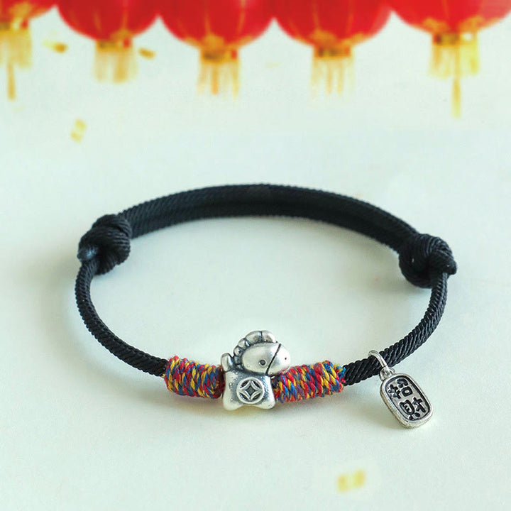 Braccialetto portafortuna con corda e corda in argento sterling 999 Buddha Stones e carattere Fu dell'anno del cavallo - Corda nera (circonferenza del polso: 14-19 cm) - image 14