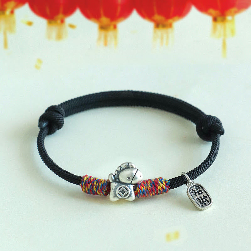 Braccialetto portafortuna con corda e corda in argento sterling 999 Buddha Stones e carattere Fu dell'anno del cavallo - Corda nera (circonferenza del polso: 14-19 cm) - image 14