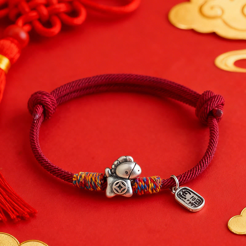 Braccialetto portafortuna con corda e corda in argento sterling 999 Buddha Stones e carattere Fu dell'anno del cavallo - image 0