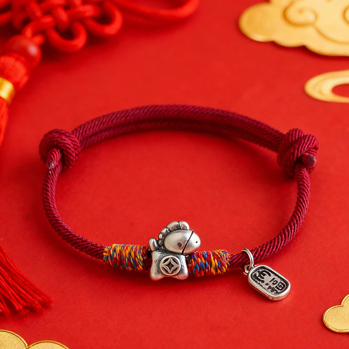 Braccialetto portafortuna con corda e corda in argento sterling 999 Buddha Stones e carattere Fu dell'anno del cavallo - image 0