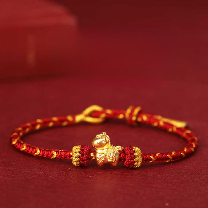 Bracciale regolabile con corda intrecciata e portafortuna dell'anno del cavallo, in oro 999, Buddha Stones - Corda rosso scuro - Oro 999 0,35 g - 16-18 cm - image 0