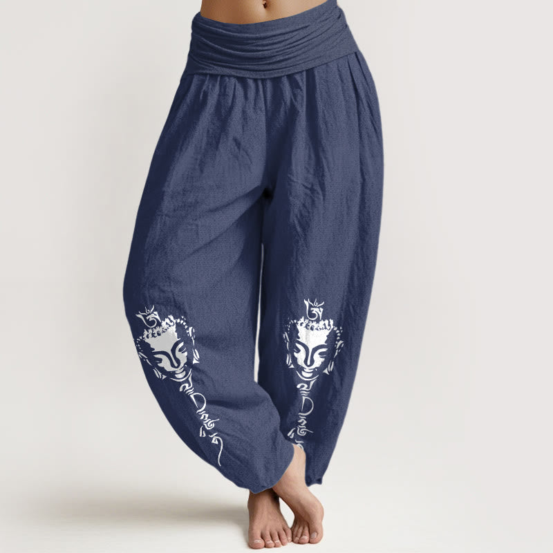 Pantaloni harem da donna con elastico in vita, in puro cotone, con motivo Buddha Stones simbolo Om conciso - DarkSlateBlue - US16, UK/AU20, EU48 (3XL) - image 0