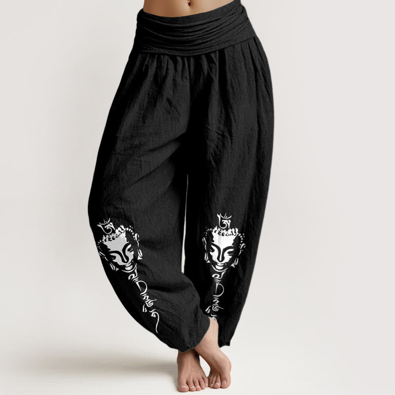 Pantaloni harem da donna con elastico in vita, in puro cotone, con motivo Buddha Stones simbolo Om conciso - Nero - US16, UK/AU20, EU48 (3XL) - image 5