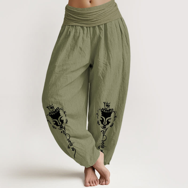 Pantaloni harem da donna con elastico in vita, in puro cotone, con motivo Buddha Stones simbolo Om conciso - Verde oliva - US16, UK/AU20, EU48 (3XL) - image 14