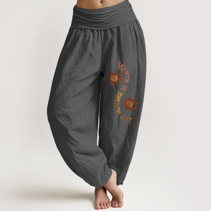 Pantaloni harem da donna con elastico in vita, modello Buddha Stones in puro cotone, tonalità calde, sole e frasi in inglese - Grigio scuro - US16, UK/AU20, EU48 (3XL) - image 8