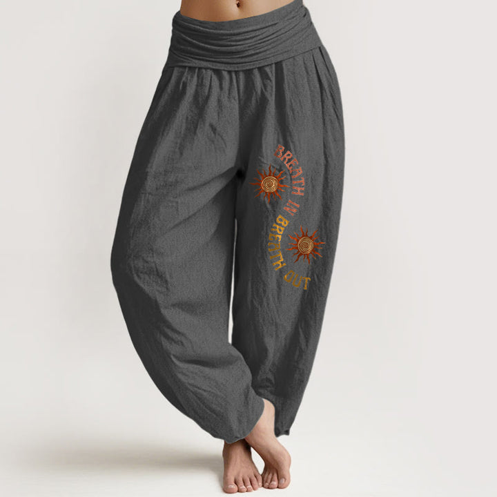 Pantaloni harem da donna con elastico in vita, modello Buddha Stones in puro cotone, tonalità calde, sole e frasi in inglese - Grigio scuro - US16, UK/AU20, EU48 (3XL) - image 8