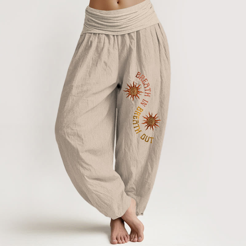 Pantaloni harem da donna con elastico in vita, modello Buddha Stones in puro cotone, tonalità calde, sole e frasi in inglese - Abbronzatura - US16, UK/AU20, EU48 (3XL) - image 11
