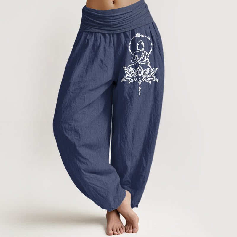 Pantaloni harem da donna con elastico in vita, in puro cotone, con motivo a Buddha Lotus Buddha Stones - DarkSlateBlue - US16, UK/AU20, EU48 (3XL) - image 0