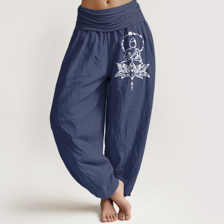 Pantaloni harem da donna con elastico in vita, in puro cotone, con motivo a Buddha Lotus Buddha Stones - DarkSlateBlue - US16, UK/AU20, EU48 (3XL) - image 0