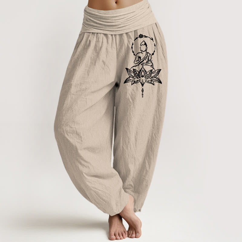 Pantaloni harem da donna con elastico in vita, in puro cotone, con motivo a Buddha Lotus Buddha Stones - Abbronzatura - US16, UK/AU20, EU48 (3XL) - image 11