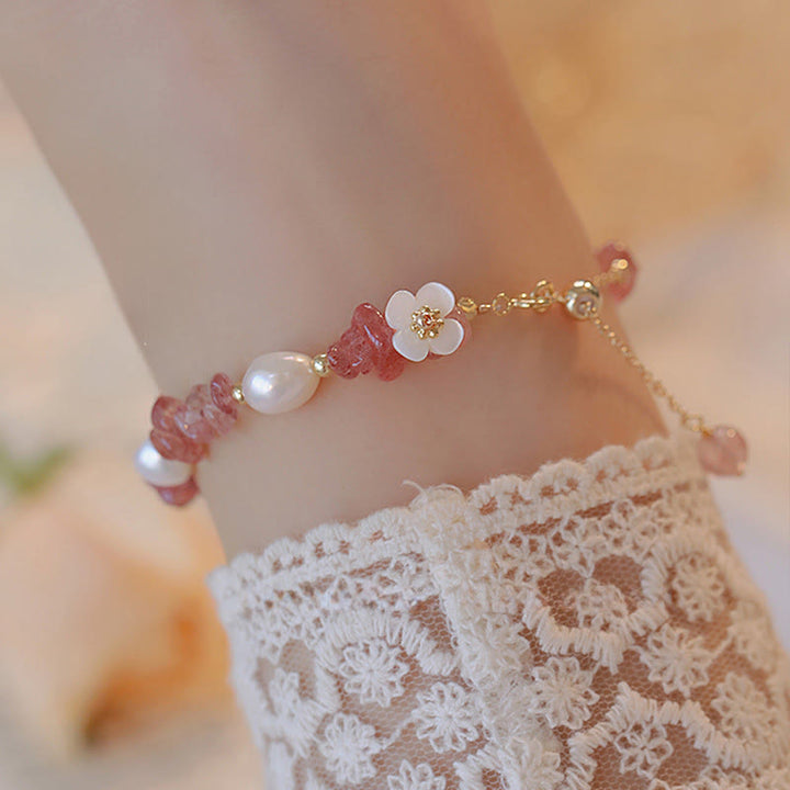 Bracciale a catena curativa con quarzo fragola irregolare naturale e perla bianca Buddha Stones - Quarzo fragola (circonferenza del polso: 14-18 cm) - image 0