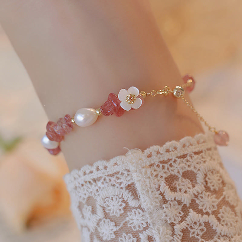Bracciale a catena curativa con quarzo fragola irregolare naturale e perla bianca Buddha Stones - Quarzo fragola (circonferenza del polso: 14-18 cm) - image 0