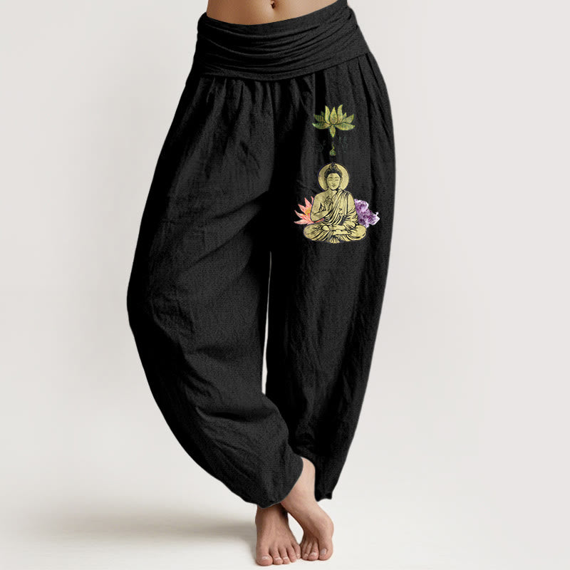 Pantaloni harem da Buddha Stones con elastico in vita, in puro cotone, con motivo tradizionale Buddha Lotus Buddha - Nero - US16, UK/AU20, EU48 (3XL) - image 0