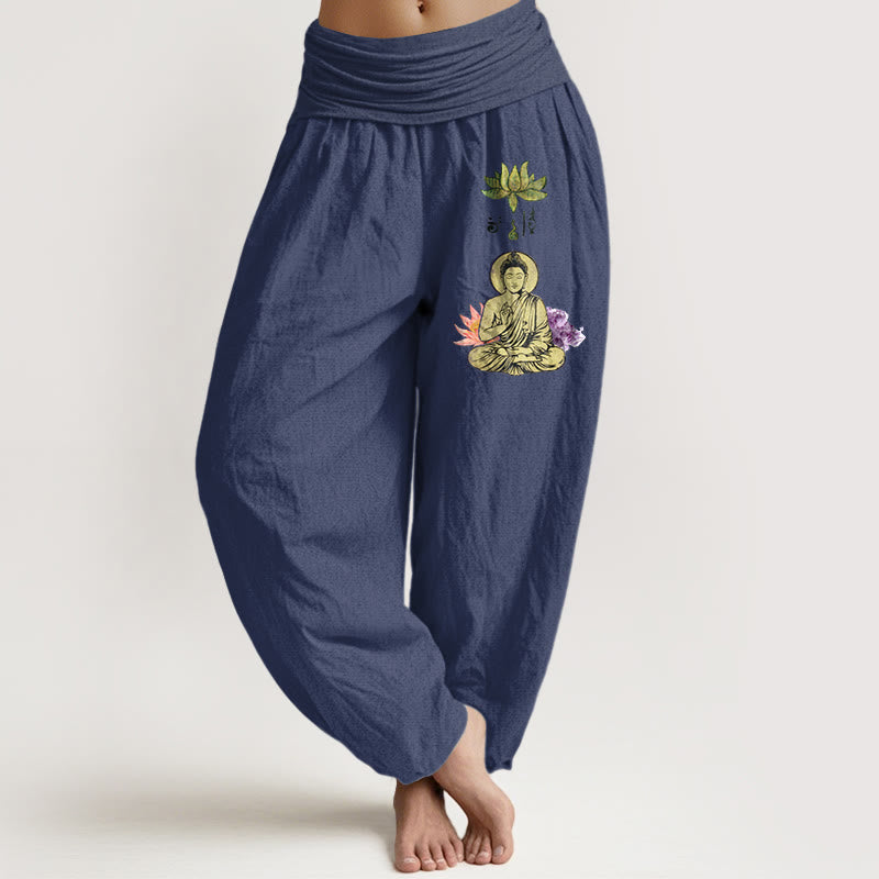 Pantaloni harem da Buddha Stones con elastico in vita, in puro cotone, con motivo tradizionale Buddha Lotus Buddha - DarkSlateBlue - US16, UK/AU20, EU48 (3XL) - image 5