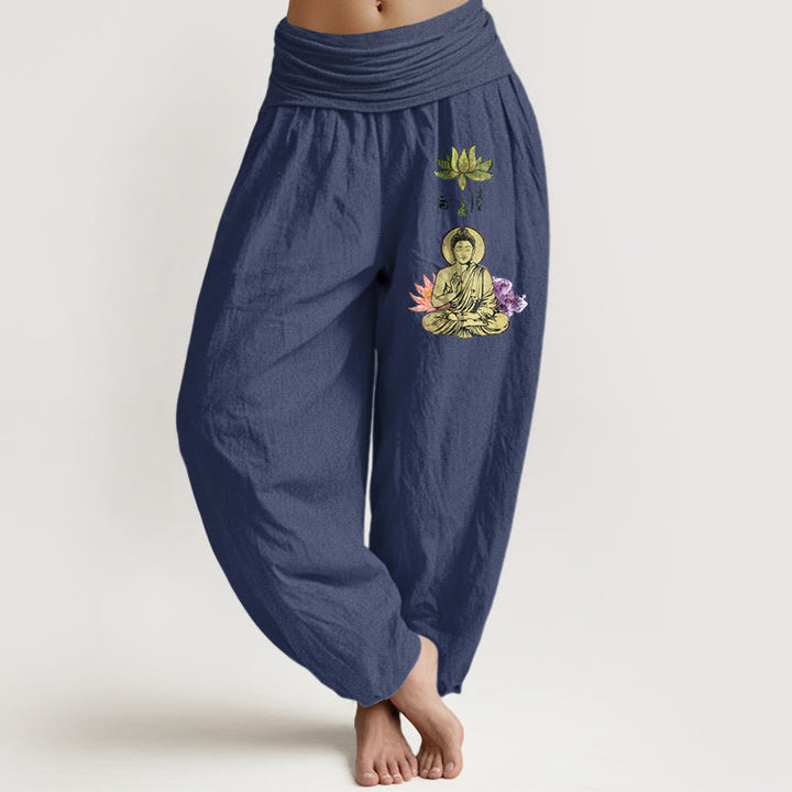 Pantaloni harem da Buddha Stones con elastico in vita, in puro cotone, con motivo tradizionale Buddha Lotus Buddha - DarkSlateBlue - US16, UK/AU20, EU48 (3XL) - image 5