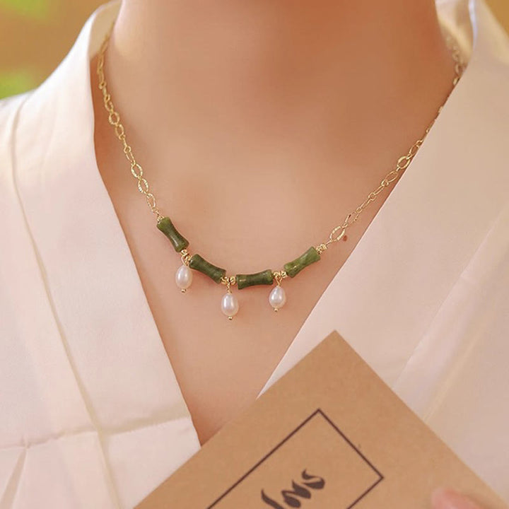 Collana con ciondolo in giada e bambù con perle, abbondanza e ricchezza, Buddha Stones Tianshan - image 6