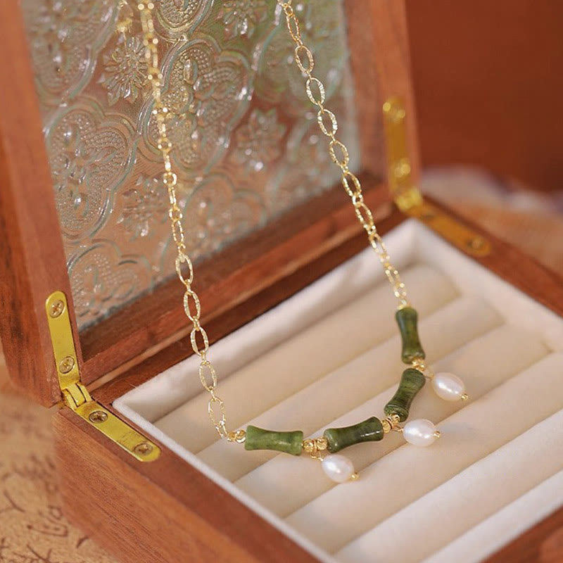 Collana con ciondolo in giada e bambù con perle, abbondanza e ricchezza, Buddha Stones Tianshan - image 0