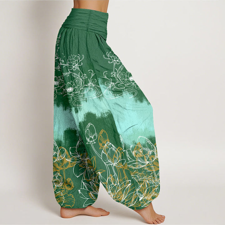 Pantaloni harem da donna con elastico in vita e motivo a loto colorato in cotone con Buddha Stones - image 2