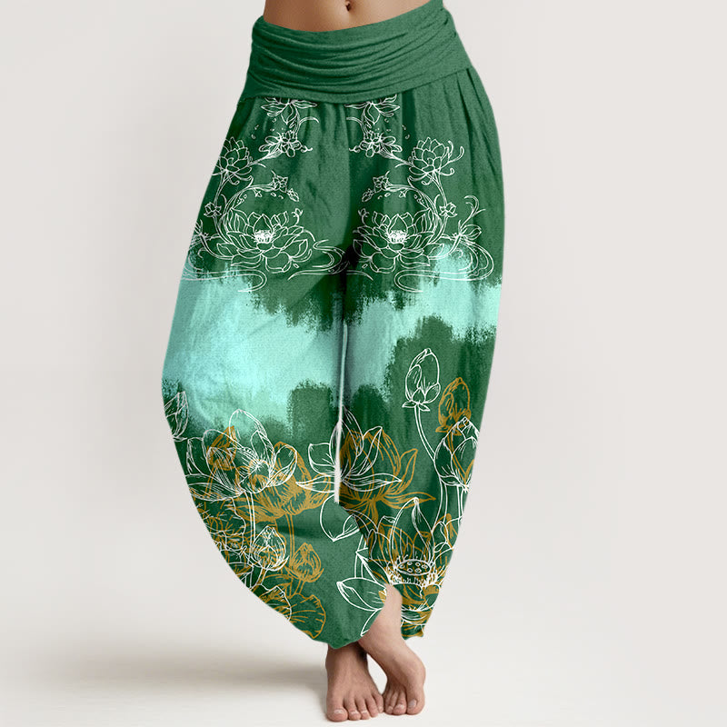 Pantaloni harem da donna con elastico in vita e motivo a loto colorato in cotone con Buddha Stones - Verde - US16, UK/AU20, EU48 (3XL) - image 0
