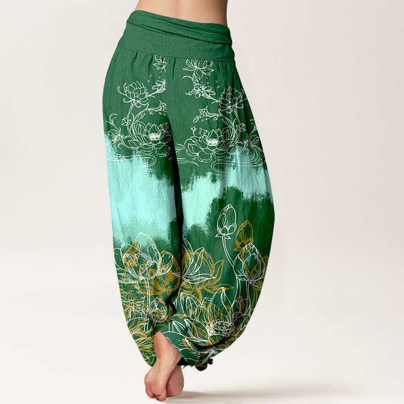 Pantaloni harem da donna con elastico in vita e motivo a loto colorato in cotone con Buddha Stones - image 1