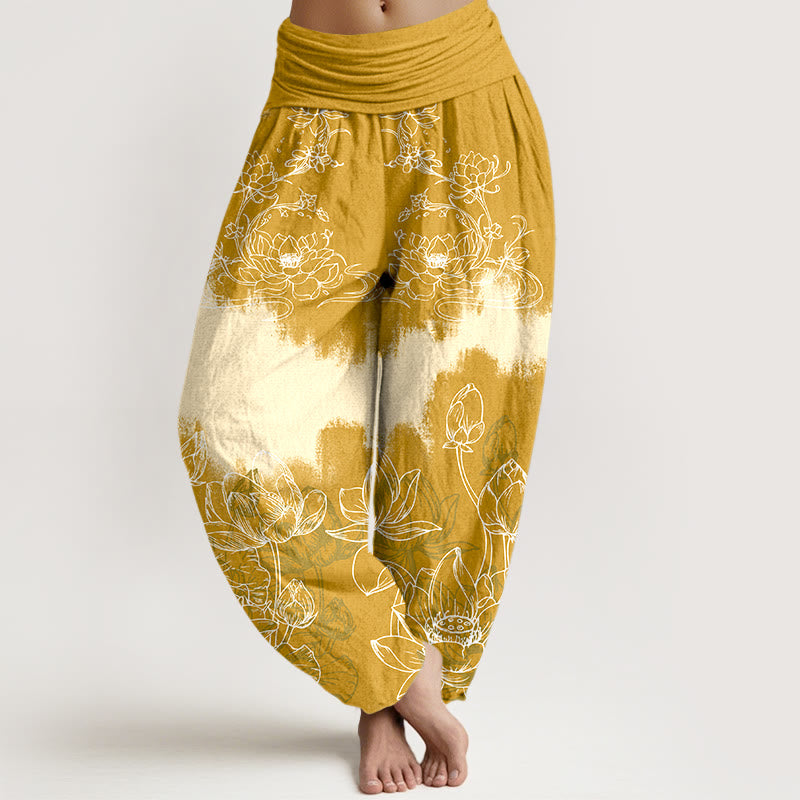 Pantaloni harem da donna con elastico in vita e motivo a loto colorato in cotone con Buddha Stones - Oro - US16, UK/AU20, EU48 (3XL) - image 5