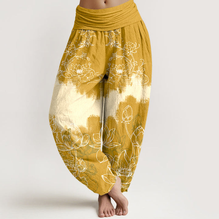 Pantaloni harem da donna con elastico in vita e motivo a loto colorato in cotone con Buddha Stones - Oro - US16, UK/AU20, EU48 (3XL) - image 5