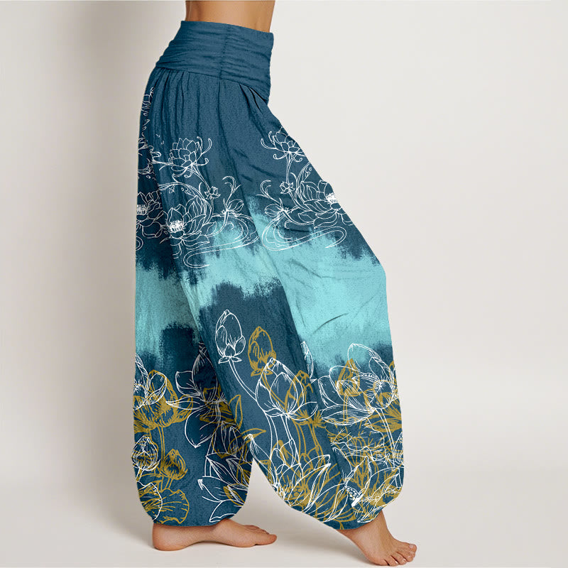 Pantaloni harem da donna con elastico in vita e motivo a loto colorato in cotone con Buddha Stones - image 10