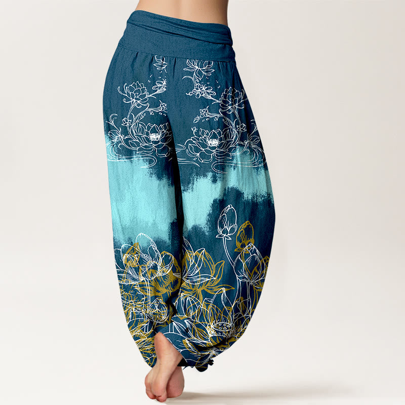 Pantaloni harem da donna con elastico in vita e motivo a loto colorato in cotone con Buddha Stones - image 9