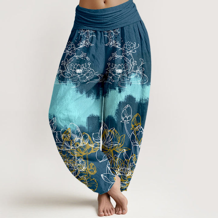 Pantaloni harem da donna con elastico in vita e motivo a loto colorato in cotone con Buddha Stones - SteelBlue - US16, UK/AU20, EU48 (3XL) - image 8