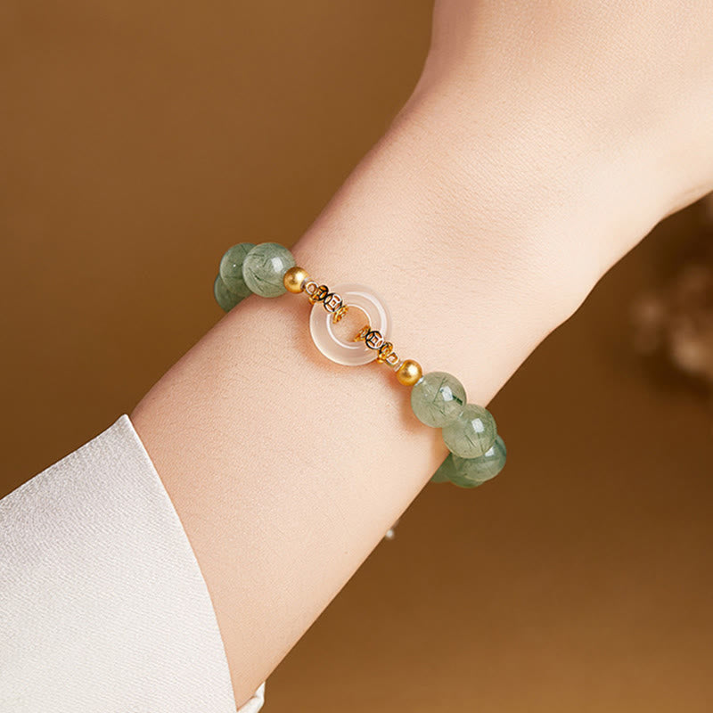 Bracciale Buddha Stones in argento sterling 925, quarzo rutilato verde, calcedonio bianco, fibbia della pace e coraggio - image 10