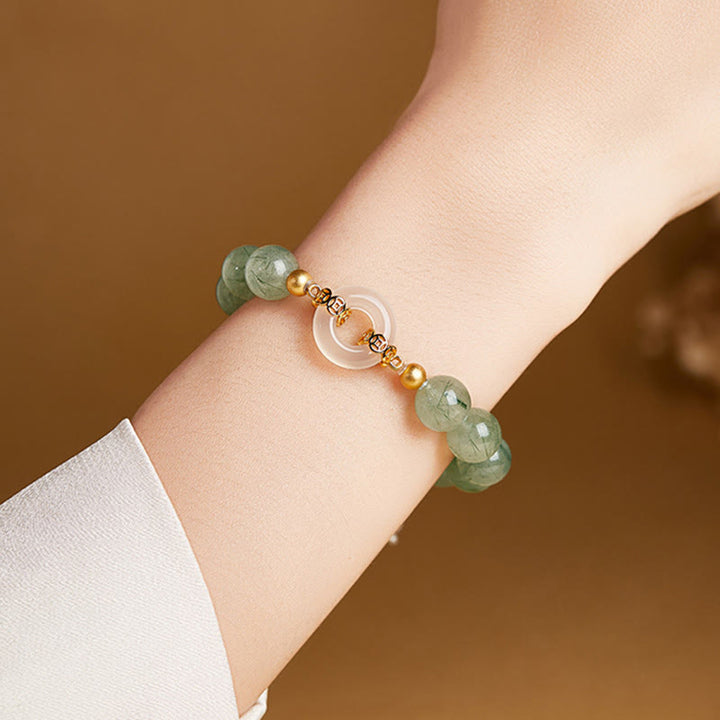 Bracciale Buddha Stones in argento sterling 925, quarzo rutilato verde, calcedonio bianco, fibbia della pace e coraggio - image 10
