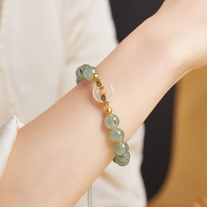 Bracciale Buddha Stones in argento sterling 925, quarzo rutilato verde, calcedonio bianco, fibbia della pace e coraggio - image 11