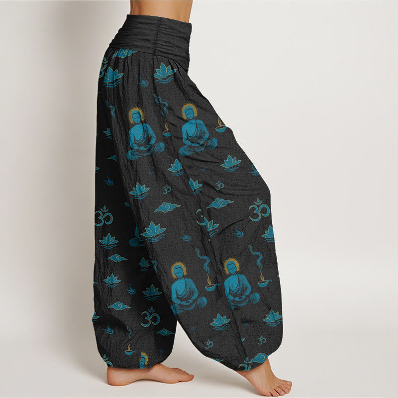 Pantaloni harem da donna con elastico in vita, in cotone con motivo Buddha Stones, simbolo Om, nuvola di loto e motivo Buddha - image 2