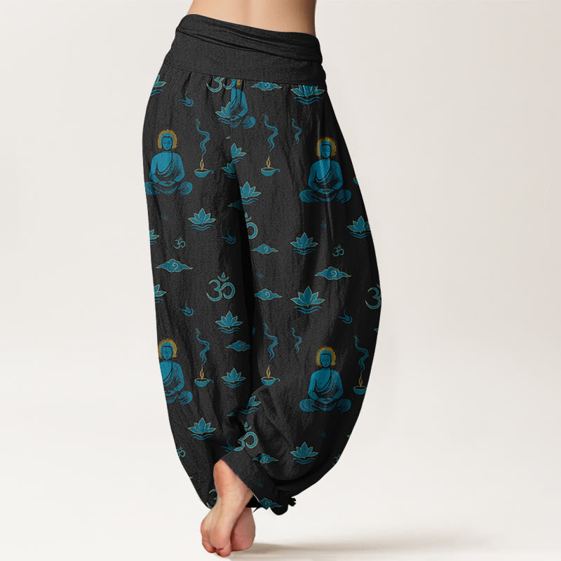 Pantaloni harem da donna con elastico in vita, in cotone con motivo Buddha Stones, simbolo Om, nuvola di loto e motivo Buddha - image 1