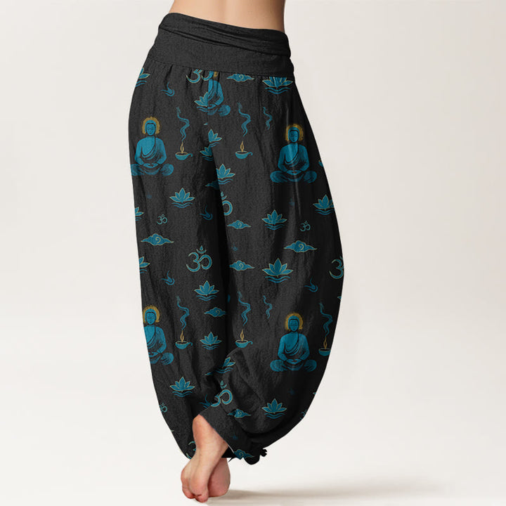 Pantaloni harem da donna con elastico in vita, in cotone con motivo Buddha Stones, simbolo Om, nuvola di loto e motivo Buddha - image 1