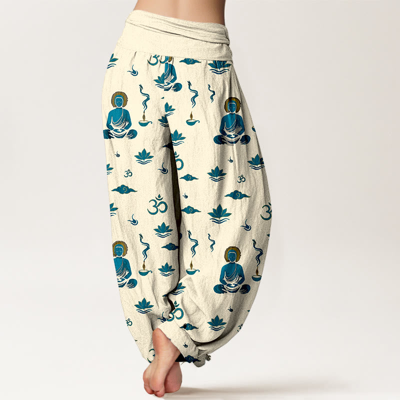 Pantaloni harem da donna con elastico in vita, in cotone con motivo Buddha Stones, simbolo Om, nuvola di loto e motivo Buddha - image 9