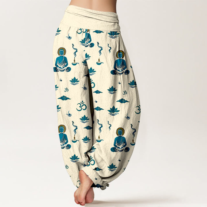 Pantaloni harem da donna con elastico in vita, in cotone con motivo Buddha Stones, simbolo Om, nuvola di loto e motivo Buddha - image 9