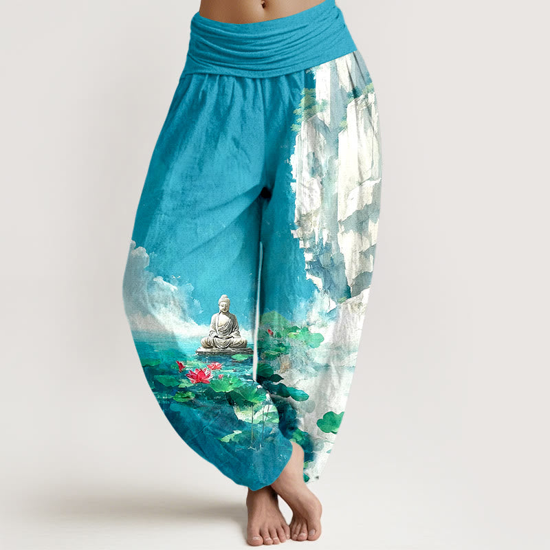 Pantaloni harem da donna con elastico in vita, motivo Buddha Stones, in cotone, con fiori di loto, foglie, rocce, superficie dell'acqua, nuvola, motivo Buddha - Blu cielo profondo - US16, UK/AU20, EU48 (3XL) - image 0