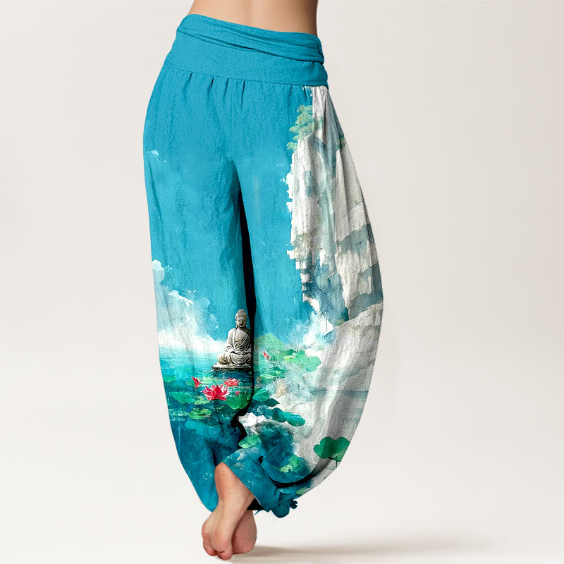 Pantaloni harem da donna con elastico in vita, motivo Buddha Stones, in cotone, con fiori di loto, foglie, rocce, superficie dell'acqua, nuvola, motivo Buddha - image 1