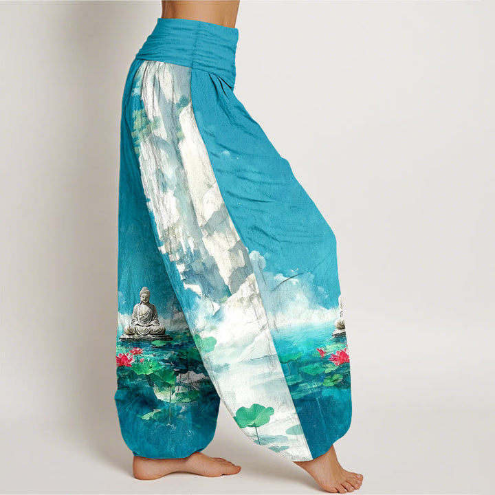 Pantaloni harem da donna con elastico in vita, motivo Buddha Stones, in cotone, con fiori di loto, foglie, rocce, superficie dell'acqua, nuvola, motivo Buddha - image 2