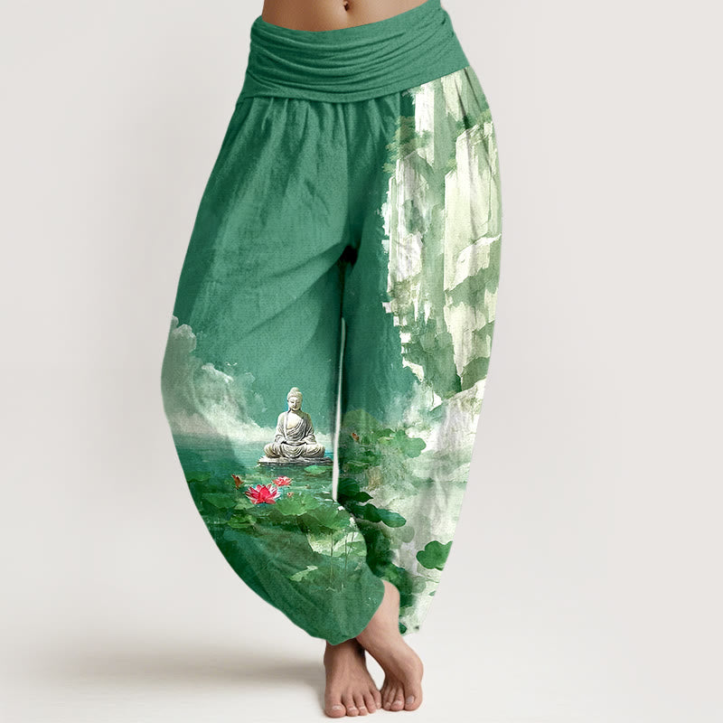 Pantaloni harem da donna con elastico in vita, motivo Buddha Stones, in cotone, con fiori di loto, foglie, rocce, superficie dell'acqua, nuvola, motivo Buddha - Verdemare medio - US16, UK/AU20, EU48 (3XL) - image 5