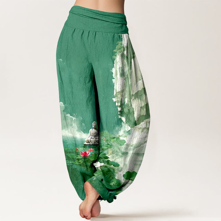 Pantaloni harem da donna con elastico in vita, motivo Buddha Stones, in cotone, con fiori di loto, foglie, rocce, superficie dell'acqua, nuvola, motivo Buddha - image 6