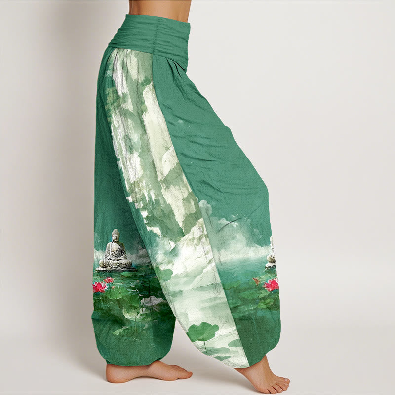 Pantaloni harem da donna con elastico in vita, motivo Buddha Stones, in cotone, con fiori di loto, foglie, rocce, superficie dell'acqua, nuvola, motivo Buddha - image 7
