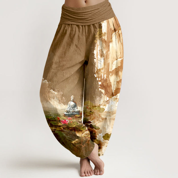 Pantaloni harem da donna con elastico in vita, motivo Buddha Stones, in cotone, con fiori di loto, foglie, rocce, superficie dell'acqua, nuvola, motivo Buddha - DarkGoldenrod - US16, UK/AU20, EU48 (3XL) - image 8