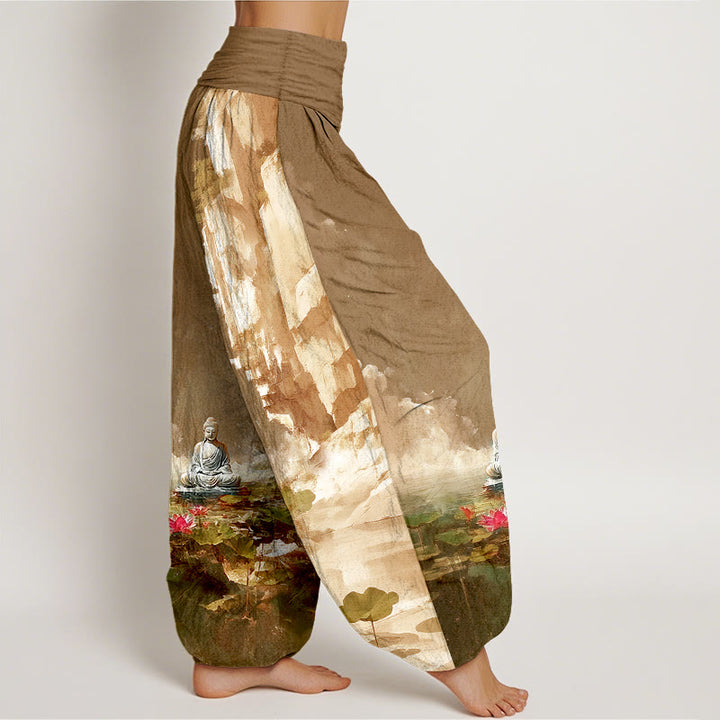 Pantaloni harem da donna con elastico in vita, motivo Buddha Stones, in cotone, con fiori di loto, foglie, rocce, superficie dell'acqua, nuvola, motivo Buddha - image 10
