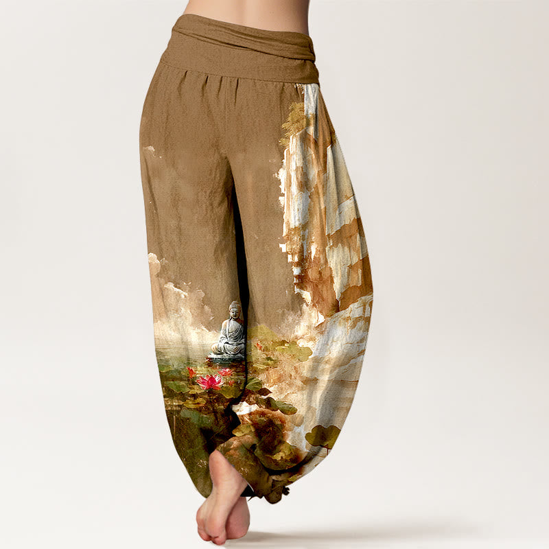 Pantaloni harem da donna con elastico in vita, motivo Buddha Stones, in cotone, con fiori di loto, foglie, rocce, superficie dell'acqua, nuvola, motivo Buddha - image 9