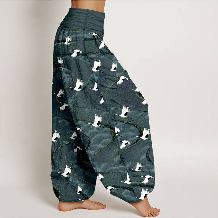 Pantaloni harem da donna con elastico in vita e motivo a linee sinuose in cotone con motivo a gru eleganti Buddha Stones - image 2