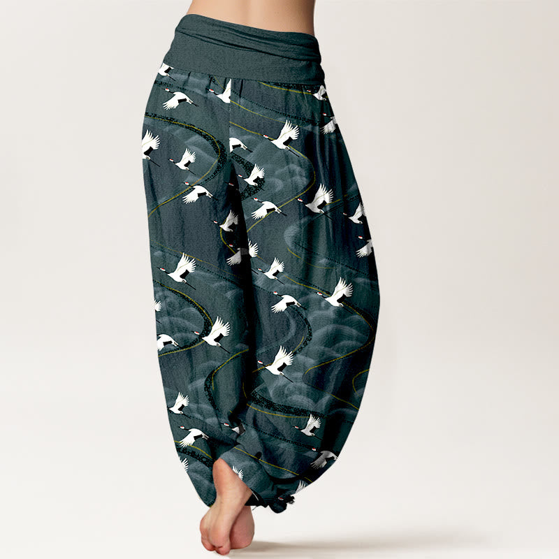 Pantaloni harem da donna con elastico in vita e motivo a linee sinuose in cotone con motivo a gru eleganti Buddha Stones - image 1